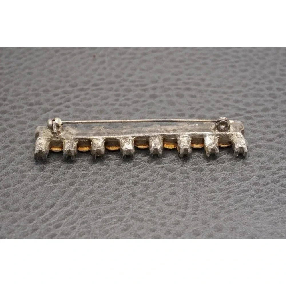 Vintage Old Art Deco Pot Metal Rhinestone Bar Brooch Silver Tone